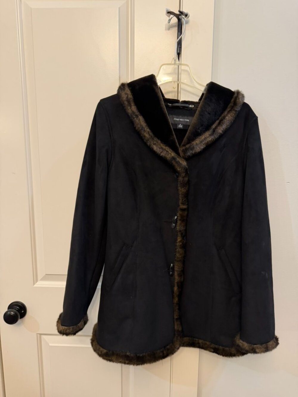 Jones New York Black Faux Suede & Faux Fur Trim Winter Coat | Size Medium